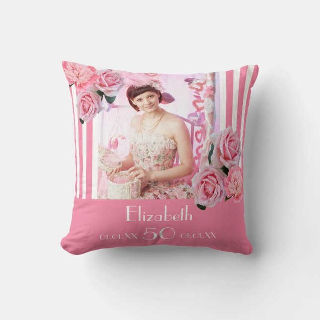 Coussin Anniversaire rose rayures blanches photo nom flora (Recto)