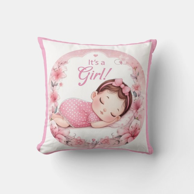 Coussin Annonce de naissance de bébé fille mignonne  (Recto)