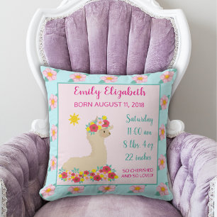 Coussin Annonce de naissance Fille au lama rose floral