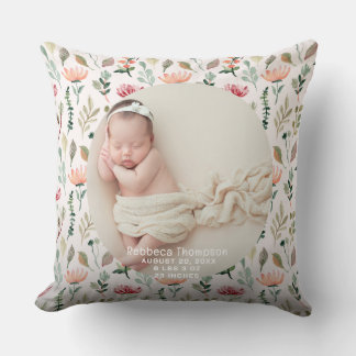 Coussin Annonce de naissance photo bébé floral