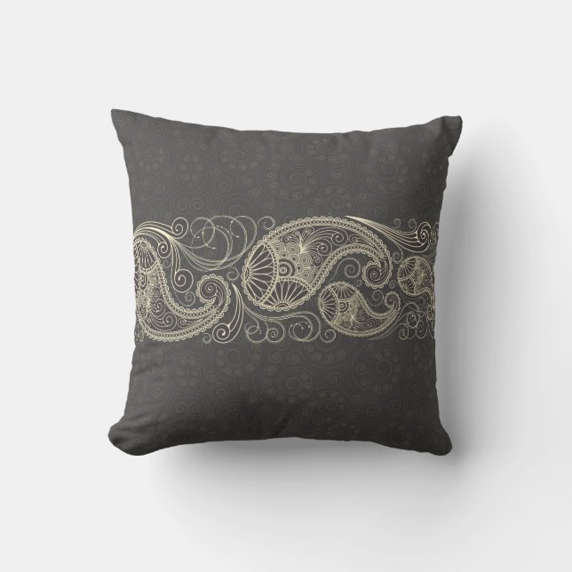 Coussin Antique Blanc Paisley Sur Gris Foncé (Recto)