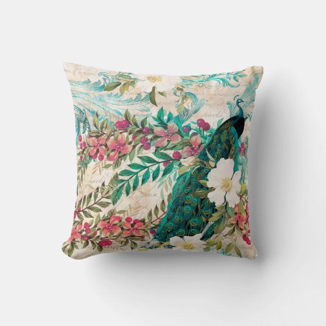 Coussin Antique Peacock Illustré & Fleurs Grunge (Recto)