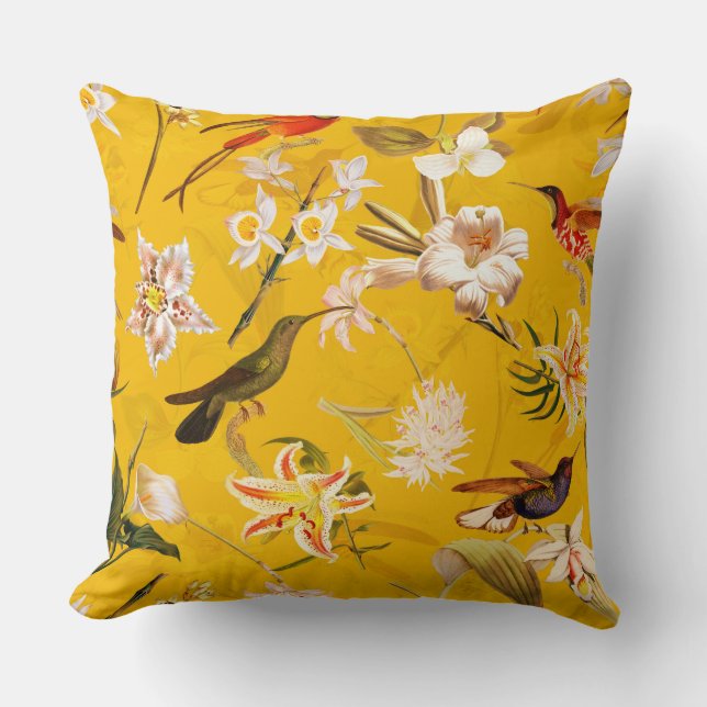 Coussin Antique Tropical Hummingbird Jungle Motif Jaune (Recto)