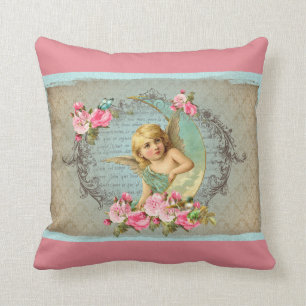 Coussin Antiquité bleue vintage de rose rose d'ange