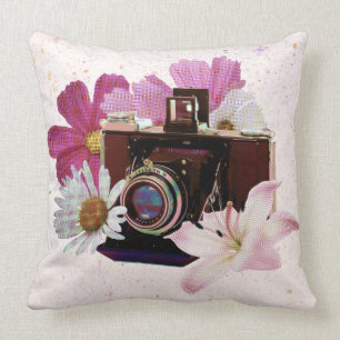Coussin Appareil-photo vintage avec des fleurs