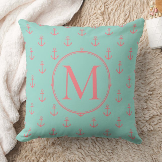 Coussin Aqua Avec Ancres Rose Corail Monogramme (Couverture)
