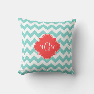 Coussin Aqua Blanc Chevron Corail Rouge Quatrefeuille 3 Mo