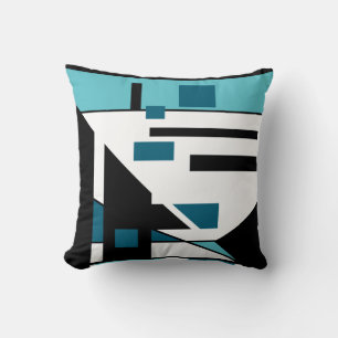 Coussin Aqua Blanc Noir Turquoise Géométrique Art Abstrait