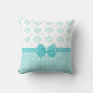 Coussin Aqua Bleu Damas Avec Ruban Turquoise