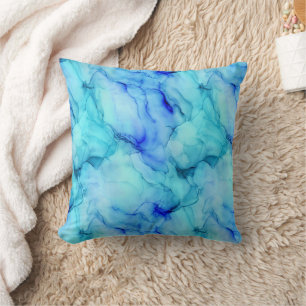 Coussin Aqua bleu fluide de marbre aquarelle