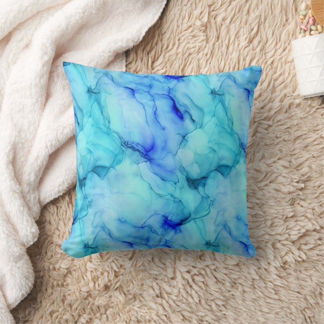 Coussin Aqua bleu fluide de marbre aquarelle (Couverture)