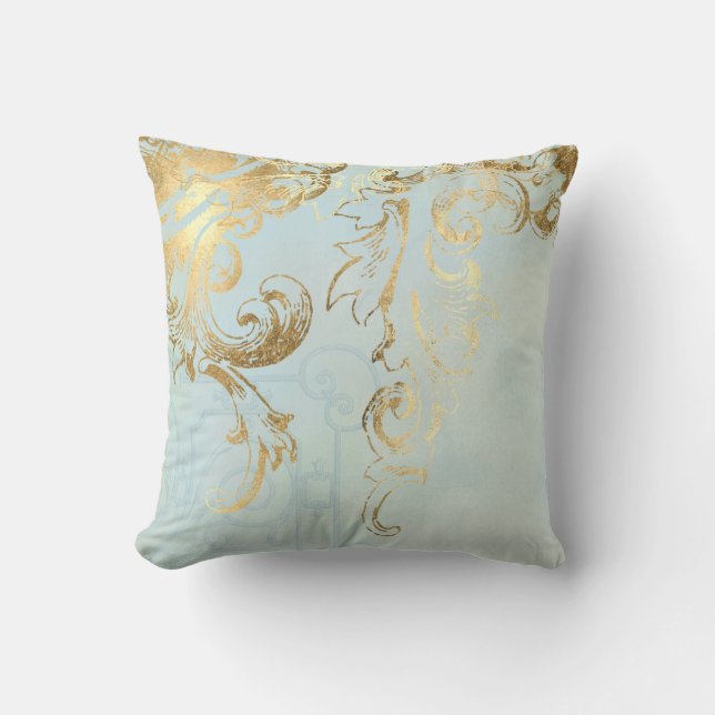 Coussin Aqua Blue Elegant Peacock Feathers Gold Scroll Art (Recto)