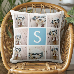 Coussin Aqua Blue Photo Collage personnalisé Monogramme