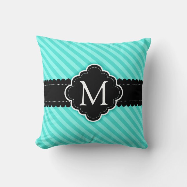 Coussin Aqua Blue Stripes Motif Black Custom Monogramme (Recto)