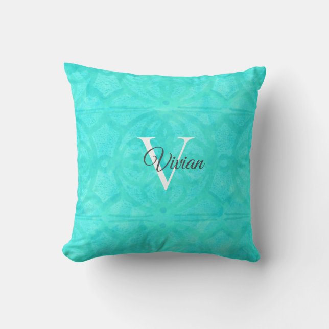 Coussin Aqua Blue Watercolor Monogramme Nom Pilote (Recto)