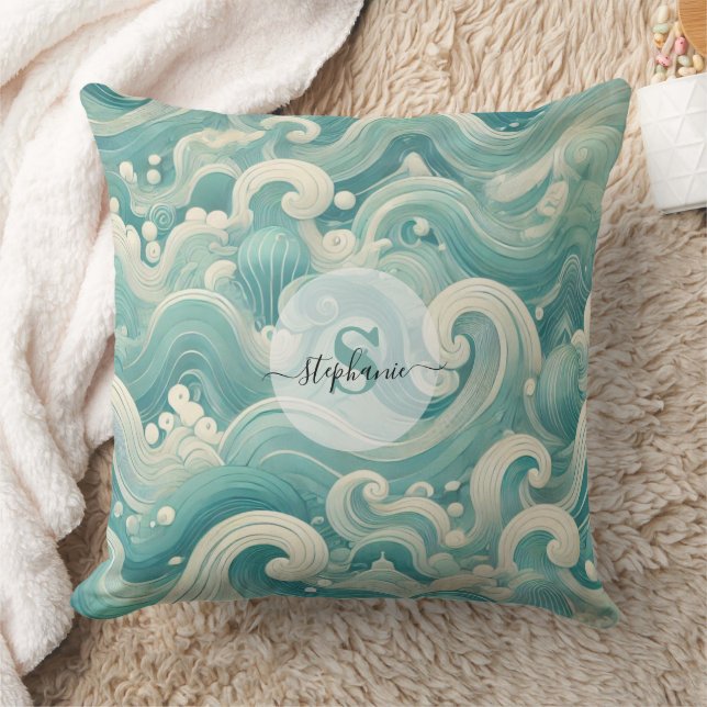 Coussin Aqua Blue & White Wave Abstraite - Art moderne Flu (Couverture)