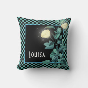 Coussin Aqua Checkerboard Floral Personnalisé