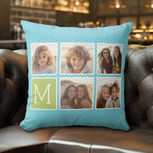 Coussin Aqua et Lime Instagram 5 Photo Collage Monogramme
