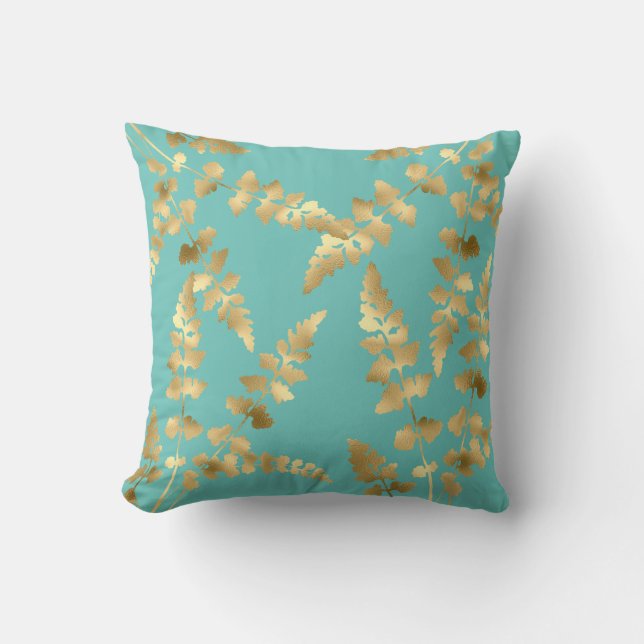 Coussin Aqua Green Gold feuille hamptons double face (Recto)