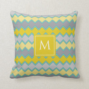 Coussin Aqua gris jaune Motif géométrique Monogramme