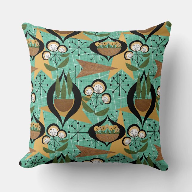 Coussin Aqua, Noir, Or Plantes atomiques | Mid-Century (Recto)
