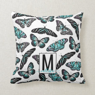 Coussin Aqua Papillons Turquoises Aquarelle Motif Monogram