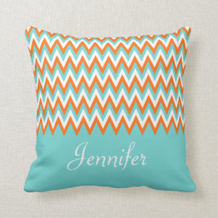 Coussin Aqua personnalisé Chevron orange blanc bleu