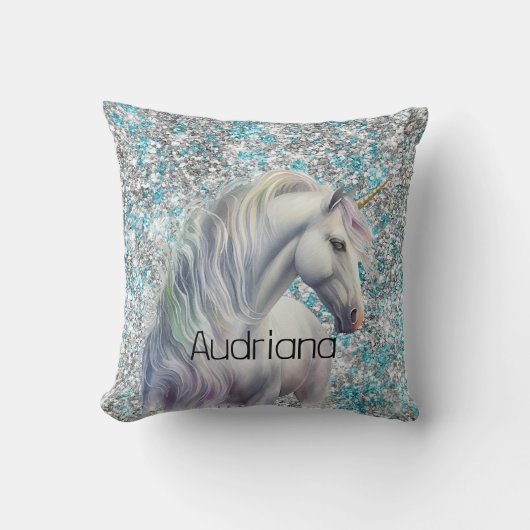 Coussin Aqua Silver Unicorn Parties scintillant étincelle (Recto)