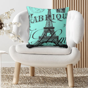 Coussin aqua turquoise scripts turquoises Paris Tour Eiffe