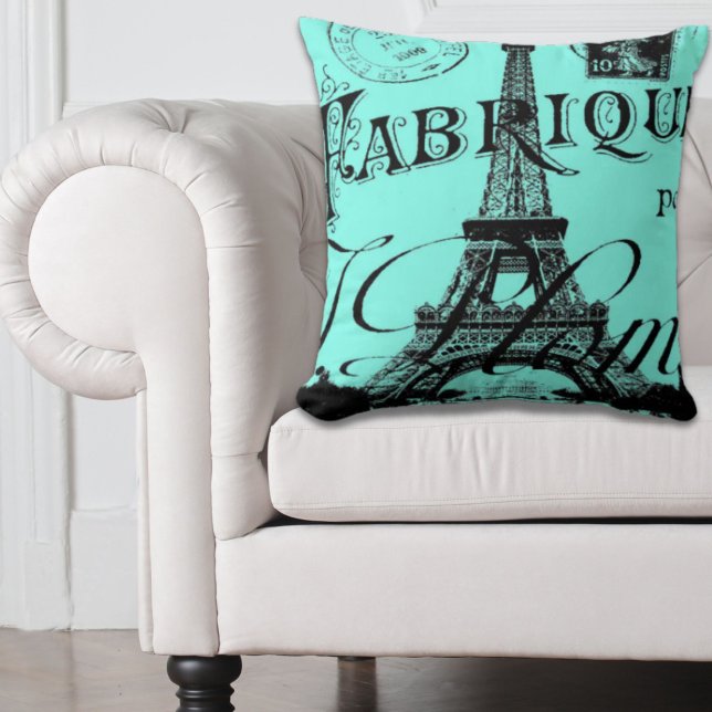Coussin aqua turquoise scripts turquoises Paris Tour Eiffe (turquoise aqua teal scripts Paris Eiffel Tower Throw Pillow)