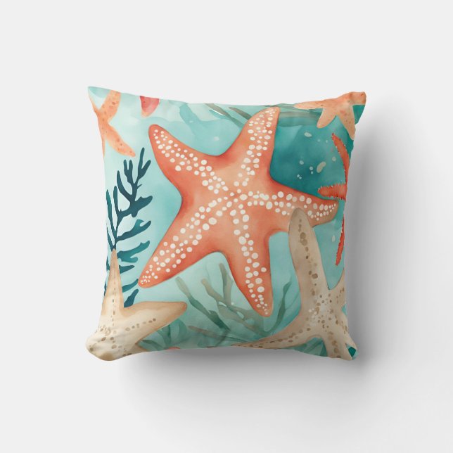 Coussin Aqua Turquoise Starfish Beach Seashell Motif (Recto)