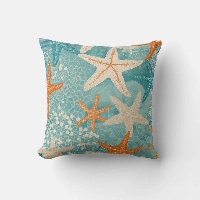 Coussin Aqua Turquoise Starfish Beach Seashell Motif (Recto)