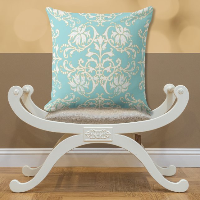 Coussin Aqua Turquoise White Gold Damask (Créateur téléchargé)