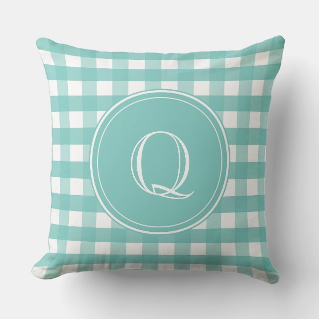 Coussin Aqua vert et blanc En vichy Monogramme (Recto)