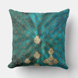 Coussin Aqua vert Mermaidscale avec parties scintillant or