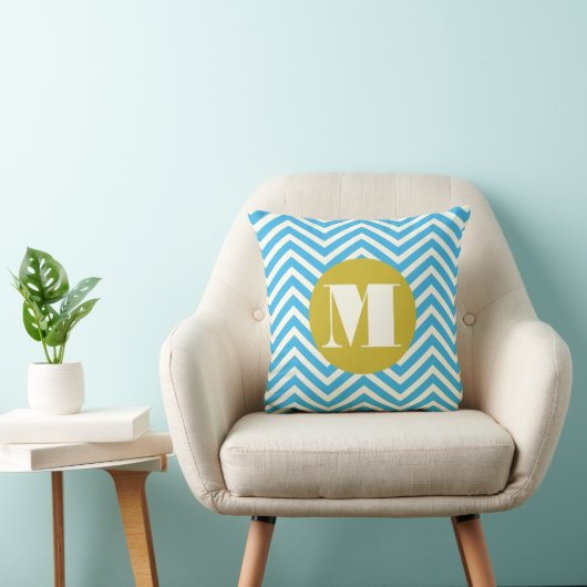 Coussin Aqua Yellow Ivor Monogramme moderne Zig Zag Coussi (Chaise)