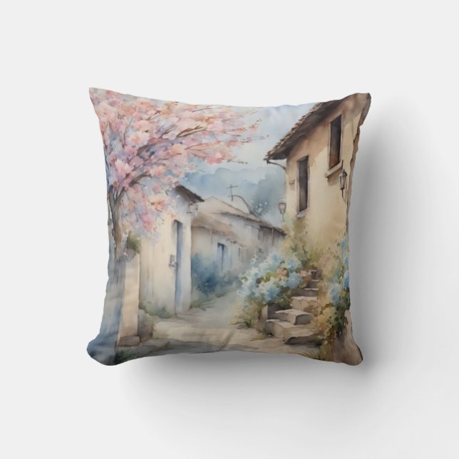 Coussin Aquarelle à fleurs rustique du village (Recto)