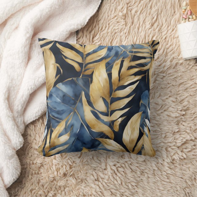 Coussin Aquarelle Abstraite d'or bleu Art botanique respec (Couverture)