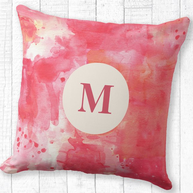 Coussin Aquarelle Abstraite Monogramme rose (Modern monogram initial personalized pink abstract watercolor throw pillow)