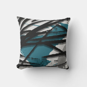 Coussin Aquarelle Abstraite Turquoise Gris & Noir