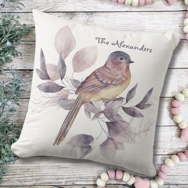 Coussin Aquarelle Art Jardin Feuille Oiseau Monogramme Bla (Watercolor Bird and Leaves Garden Art Monogrammed Name White Outdoor Pillow)
