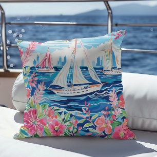 Coussin Aquarelle Bateaux à voile Côtier Rose Floral Citys