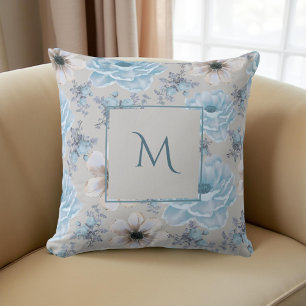 Coussin Aquarelle bleu argenté Script de floraison