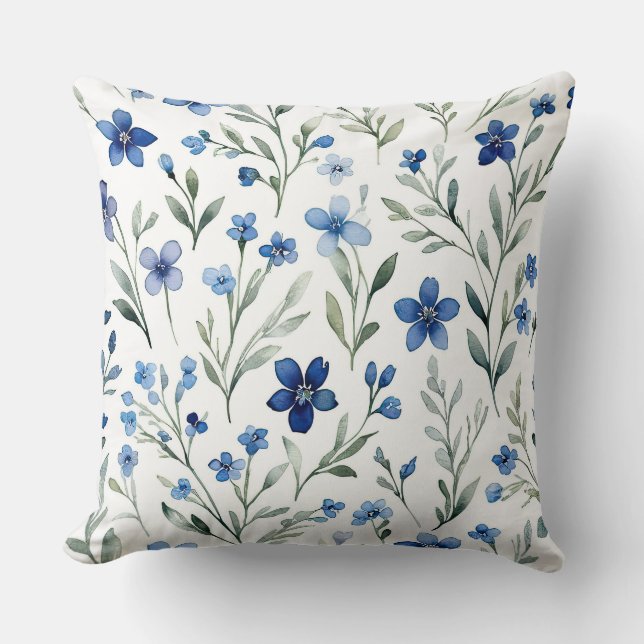 Coussin Aquarelle bleu et blanc Floral (Recto)