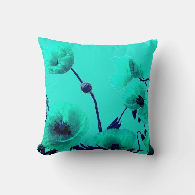 Coussin Aquarelle bleu Floral Turquoise Poppy Fleurs Art (Recto)