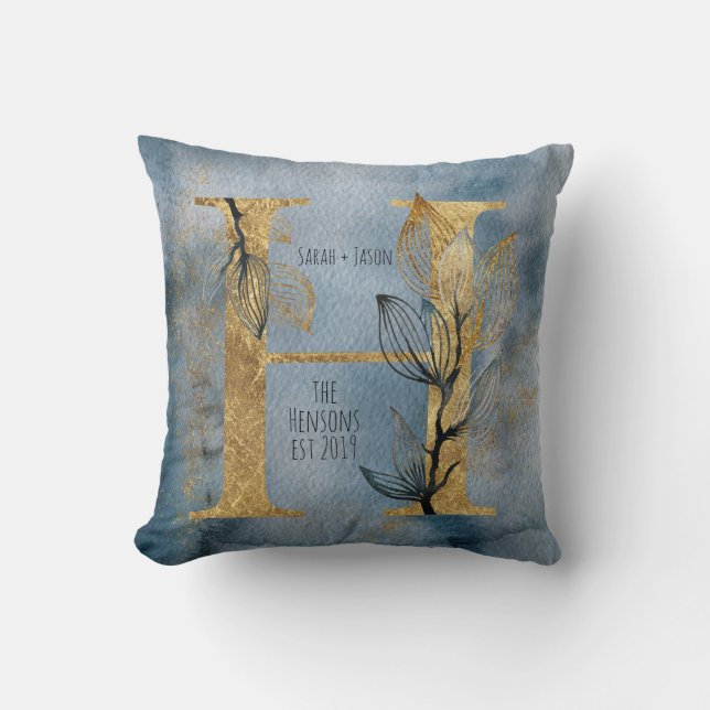 Coussin Aquarelle Bleu Gris Or H Monogramme Lancer l'oreil (Recto)