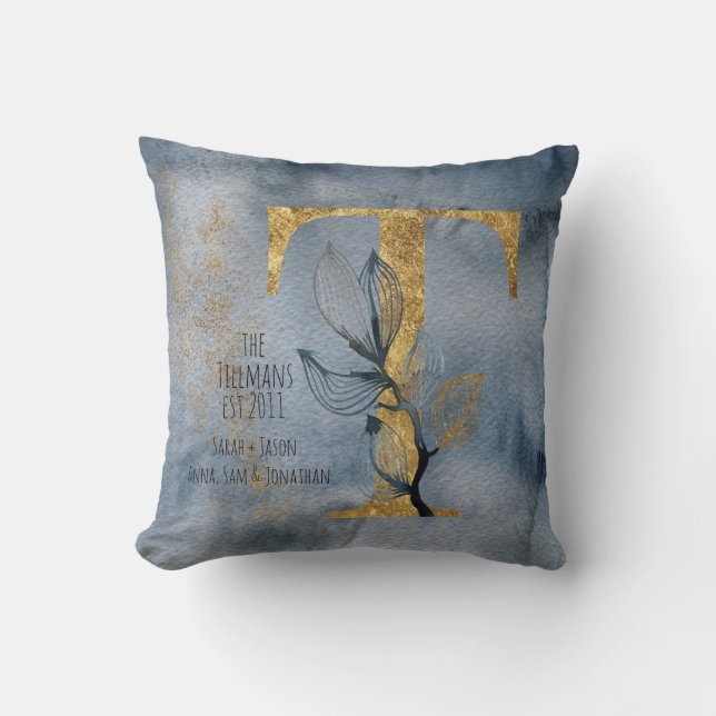 Coussin Aquarelle Bleu Gris Or T Monogramme Écouteur (Recto)