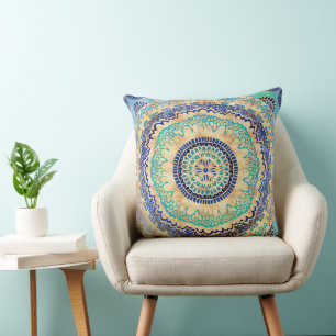Coussin Aquarelle bleu or Mandala