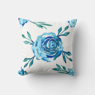 Coussin Aquarelle Bleu Roses et feuillage