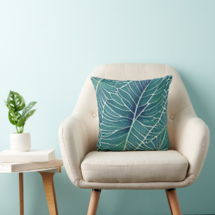 Coussin Aquarelle Bleu Vert Turquoise Feuilles tropicaux